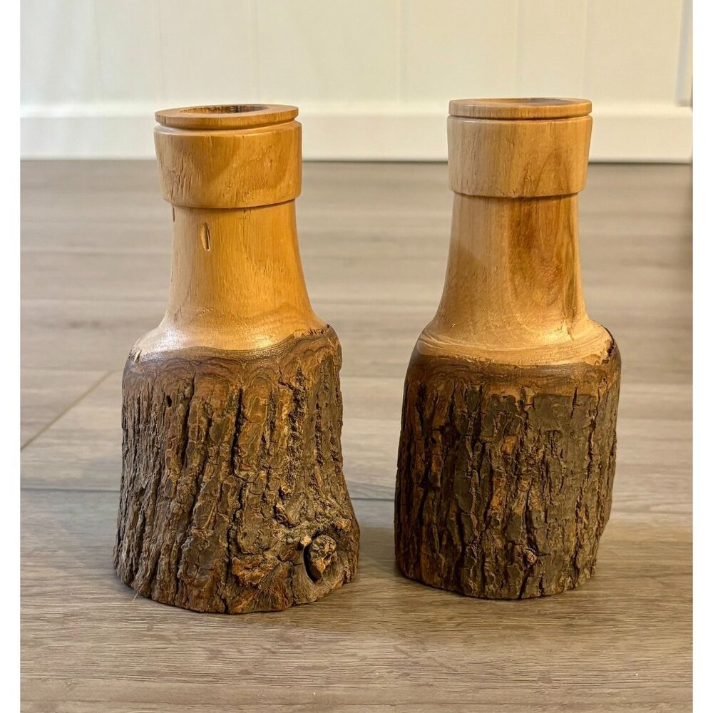 Vintage Wooden Candle Holders Signed Hand Carved Rustic Walnut